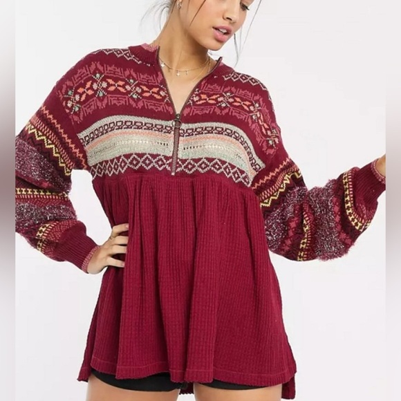 Free People Cabin Fever Burgundy Patterned Tunic Half Zip Tunic Top - Picture 1 of 5